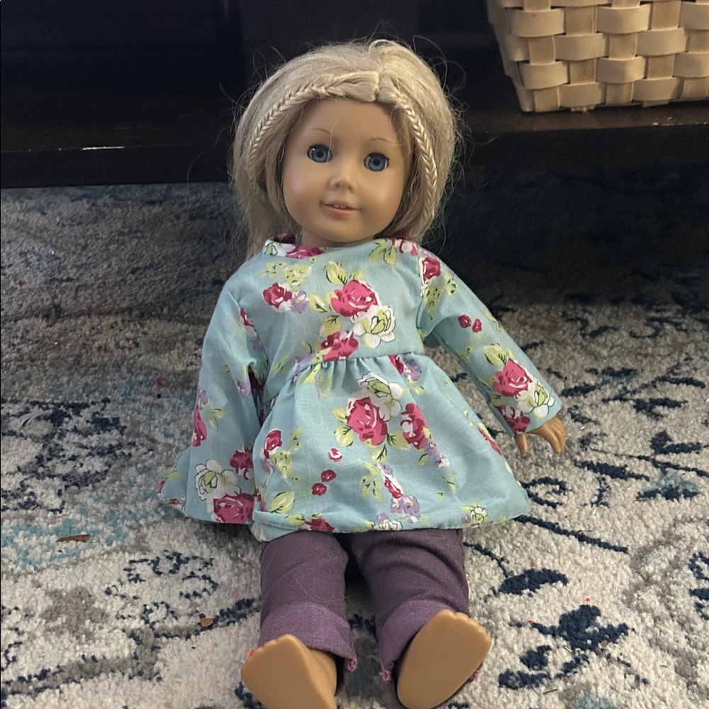 Blonde blue eyes American Girl Doll Floral Dress Doll with Purple Pants